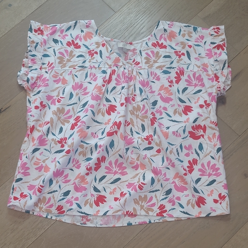 Loft Floral Blouse Women's sz XL White/Pink Short Ruffled Sleeve Linen Blend Top